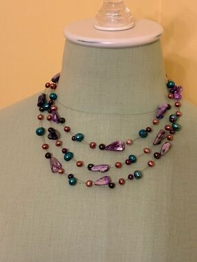 Multi-Strand floating Genuine Pearl Statement Necklace